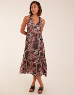 V Front Sleeveless Paisley Midi Dress With Detailed Straps