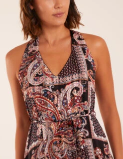 V Front Sleeveless Paisley Midi Dress With Detailed Straps 8 V Front Sleeveless Paisley Midi Dress With Detailed Straps -Moda Ulla Shop BV233957 BLACK 6793