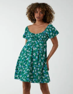 Milkmaid Ruched Bust Short Sleeve Mini Dress -Moda Ulla Shop BV233987 GREEN 2499