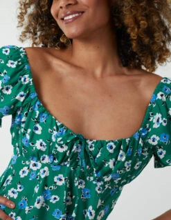 Milkmaid Ruched Bust Short Sleeve Mini Dress -Moda Ulla Shop BV233987 GREEN 2510