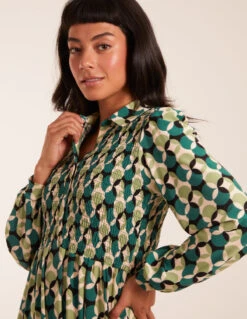 Geometric Print Shirred Bust Long Sleeve Shirt Dress -Moda Ulla Shop BV234808023 111966