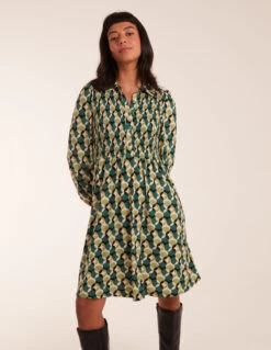 Geometric Print Shirred Bust Long Sleeve Shirt Dress -Moda Ulla Shop BV234808023 111967