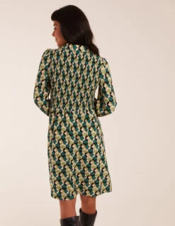 Geometric Print Shirred Bust Long Sleeve Shirt Dress -Moda Ulla Shop BV234808023 111968