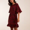 Floral Frill Hem Swing Mini Dress -Moda Ulla Shop BV234820 RED 4563