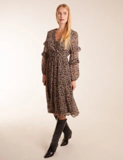 V Neck Frill Sleeve Wrap Midi Dress