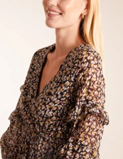 V Neck Frill Sleeve Wrap Midi Dress -Moda Ulla Shop BV234821 ANIMAL 3