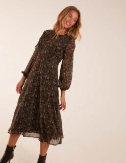 Frill Top Detail Midi Dress 8 Frill Top Detail Midi Dress -Moda Ulla Shop BV234830 BLACK 45361