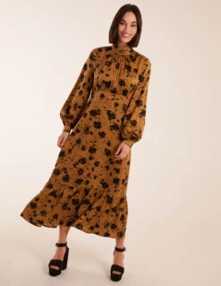 High Neck Midi Dress With Tiered Skirt And Puff Long Sleeve -Moda Ulla Shop BV234837 GOLD 1 1