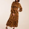 High Neck Midi Dress With Tiered Skirt And Puff Long Sleeve -Moda Ulla Shop BV234837 GOLD 2