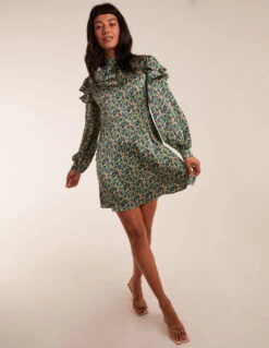 Ruffle Sleeve High Neck Swing Dress -Moda Ulla Shop BV234851 TEAL 7225