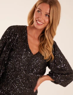 V Neck Puff Ball Sleeve Mini Dress -Moda Ulla Shop BV234855 BLACK 45775