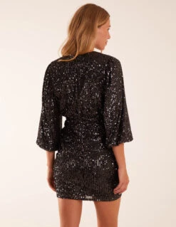 V Neck Puff Ball Sleeve Mini Dress -Moda Ulla Shop BV234855 BLACK 45778