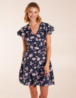 Floral Frill Sleeve Mini Dress -Moda Ulla Shop BV245025 NAVY 1014