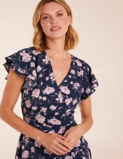 Floral Frill Sleeve Mini Dress -Moda Ulla Shop BV245025 NAVY 1031