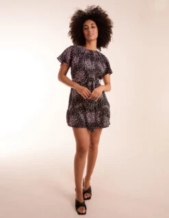 Frill Sleeve Belted Mini Dress -Moda Ulla Shop BV245028 BLACK 10872