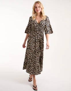 Leopard Print Elasticated Neck Shirred Waist Midi Dress