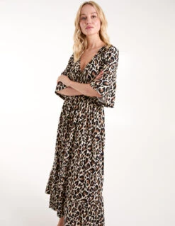 Leopard Print Elasticated Neck Shirred Waist Midi Dress -Moda Ulla Shop BV245812013 134469