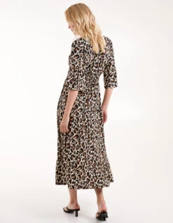 Leopard Print Elasticated Neck Shirred Waist Midi Dress -Moda Ulla Shop BV245812013 134471