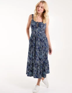 Ruched Cami Midi Dress With Buttons -Moda Ulla Shop BV245825 NAVY103
