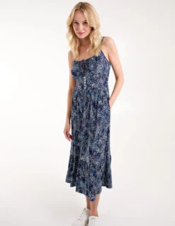 Ruched Cami Midi Dress With Buttons -Moda Ulla Shop BV245825 NAVY104