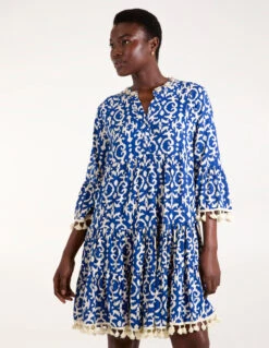 Tassel & Shell Neck Smock Dress -Moda Ulla Shop BV245877 BLUE 41709