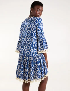 Tassel & Shell Neck Smock Dress -Moda Ulla Shop BV245877 BLUE 41736