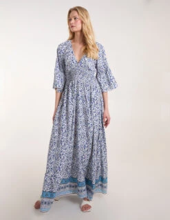 Shirred Waist Elasticated Neckline Maxi Dress -Moda Ulla Shop BV245883 BLUE 1673