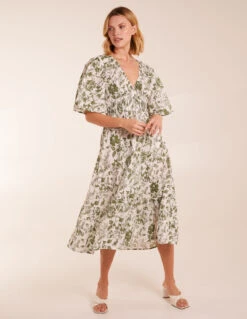 V Neck Elastic Waist Dress -Moda Ulla Shop BV245889 KHAKI 1224