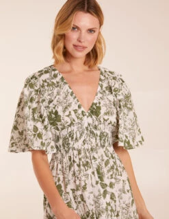 V Neck Elastic Waist Dress -Moda Ulla Shop BV245889 KHAKI 1244