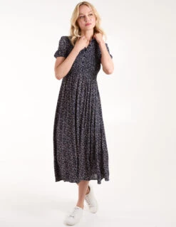 Puff Sleeve Shirred Midi Shirt Dress -Moda Ulla Shop BV245892 NAVY108