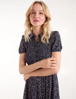Puff Sleeve Shirred Midi Shirt Dress -Moda Ulla Shop BV245892 NAVY110