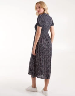 Puff Sleeve Shirred Midi Shirt Dress -Moda Ulla Shop BV245892 NAVY111
