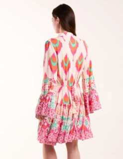 Printed Long Sleeve Tie Front Smock Dress -Moda Ulla Shop BV245896063 131756