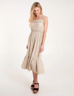 Shirred Detail Midi Dress -Moda Ulla Shop BV245904 STONE 3