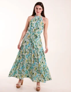 Halter Neck Paisley Maxi Dress -Moda Ulla Shop BV245907 GREEN 3449