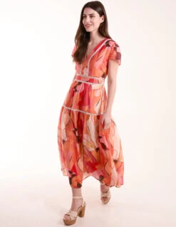 Double Frill V Neck Midi Dress