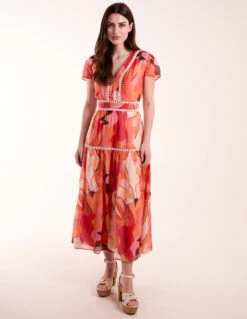 Double Frill V Neck Midi Dress -Moda Ulla Shop BV245916 ORANGE 1502