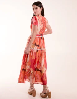 Double Frill V Neck Midi Dress -Moda Ulla Shop BV245916 ORANGE 1528