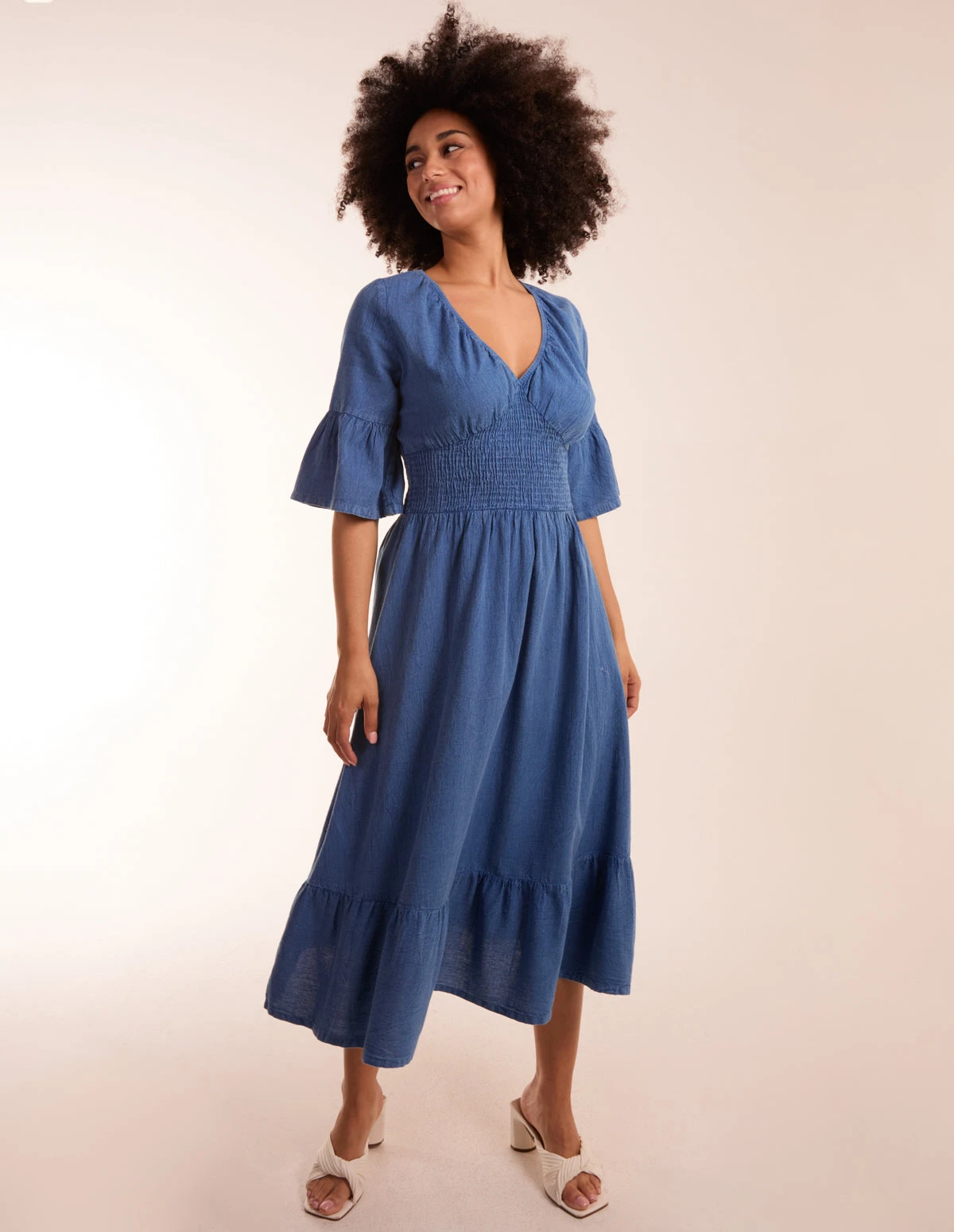 V Neck Shirred Midi Dress 3 V Neck Shirred Midi Dress