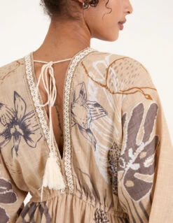 V Neck Tassel Front Midi Dress -Moda Ulla Shop BV245957 BEIGE 4