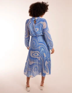 Swirl Print High Neck Pleated Dress -Moda Ulla Shop BV2551 BLUE 10081