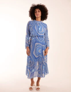 Swirl Print High Neck Pleated Dress -Moda Ulla Shop BV2551 BLUE 10113