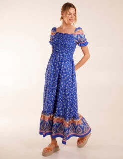 Milkmaid Shirred Floral Maxi Dress -Moda Ulla Shop BV2603 BLUE 14172