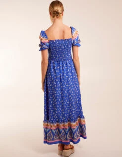 Milkmaid Shirred Floral Maxi Dress -Moda Ulla Shop BV2603 BLUE 14195