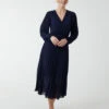 Pleated V-Neck Dress -Moda Ulla Shop BV2607 NAVY 4695