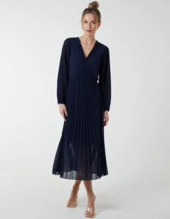 Pleated V-Neck Dress -Moda Ulla Shop BV2607 NAVY 4698