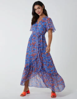 Metallic Detail Frill Split Dress 9 Metallic Detail Frill Split Dress -Moda Ulla Shop BV2608 BLUE 2