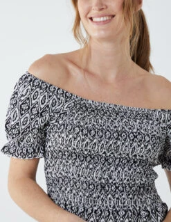 Puff Sleeve Bardot Shirred Dress -Moda Ulla Shop BV2640 WHITE 8951