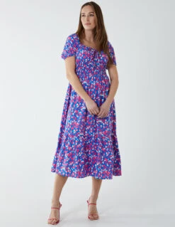 Abstract Heart Milkmaid Midi Dress -Moda Ulla Shop BV2641 BLUE 7769