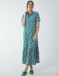 Diamond Print Angel Sleeve Maxi Dress -Moda Ulla Shop BV2647 GREEN 9220